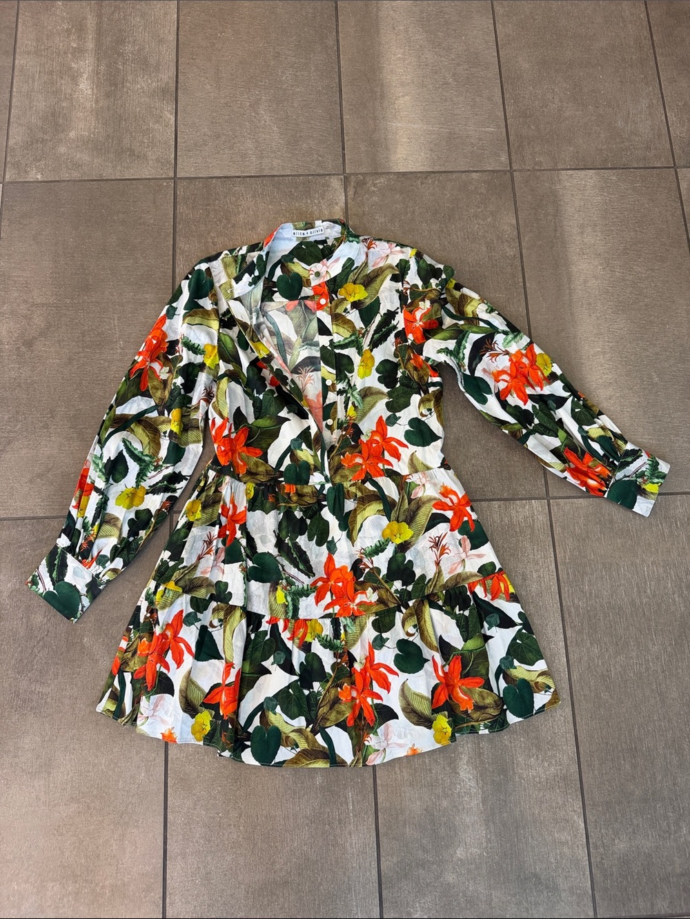 Alice + Olivia White Floral Long-Sleeve Tiered Dress with Green & Orange Print